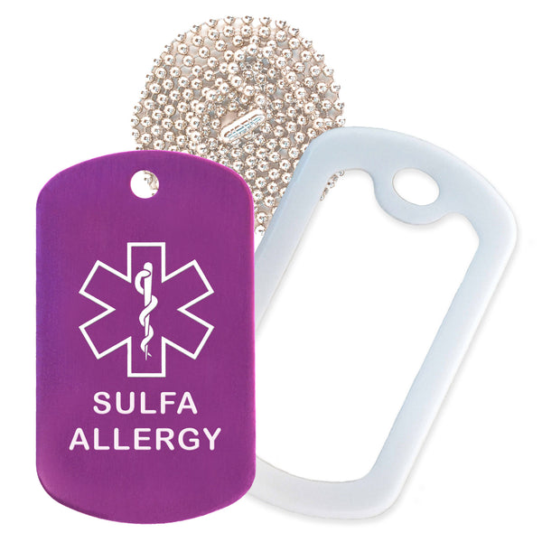 Purple Sulfa Allergy Medical ID Necklace with White Rubber Silencer and 30'' Ball Chain