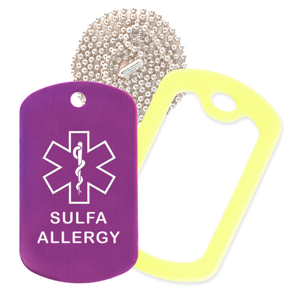 Purple Sulfa Allergy Medical ID Necklace with Yellow Rubber Silencer and 30'' Ball Chain