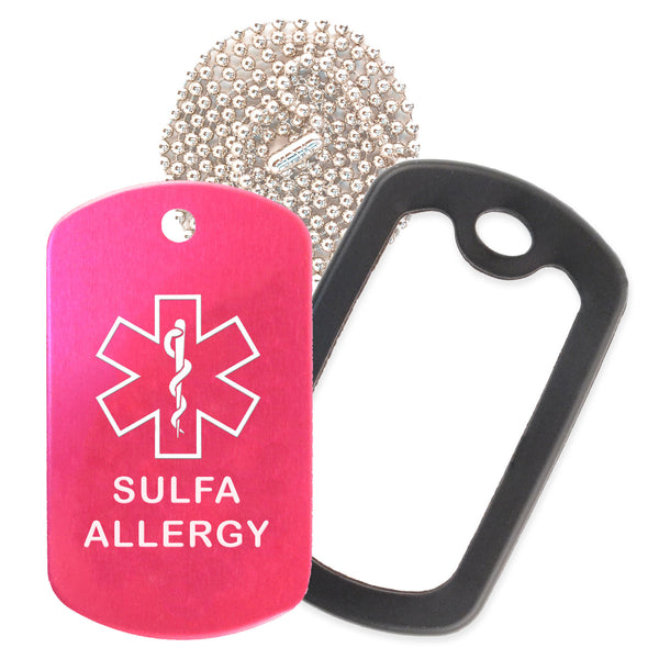 Hot Pink Sulfa Allergy Medical ID Necklace with Black Rubber Silencer and 30'' Ball Chain