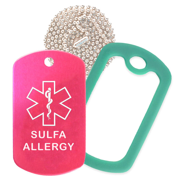 Hot Pink Sulfa Allergy Medical ID Necklace with Green Rubber Silencer and 30'' Ball Chain