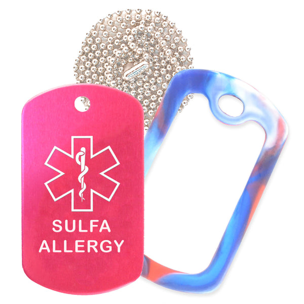Hot Pink Sulfa Allergy Medical ID Necklace with Red White and Blue Rubber Silencer and 30'' Ball Chain