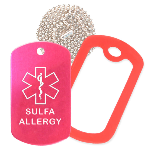 Hot Pink Sulfa Allergy Medical ID Necklace with Red Rubber Silencer and 30'' Ball Chain