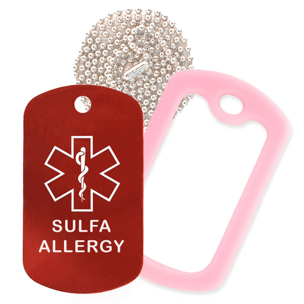Red Sulfa Allergy Medical ID Necklace with Pink Rubber Silencer and 30'' Ball Chain