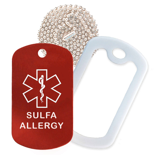 Red Sulfa Allergy Medical ID Necklace with White Rubber Silencer and 30'' Ball Chain