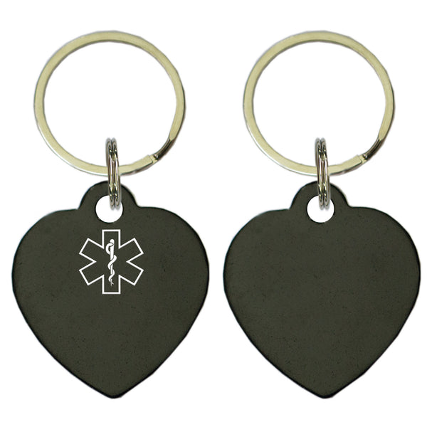 Two Black Heart Shaped Key Chains With Medical Alert Symbol 