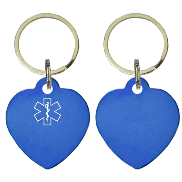 Two Blue Heart Shaped Key Chains With Medical Alert Symbol