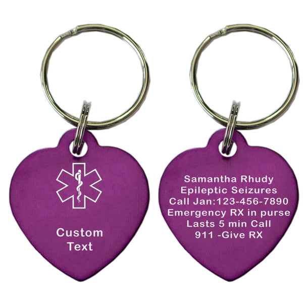 Two Purple Heart Shaped Custom Text Key Chains With Medical Alert Symbol
