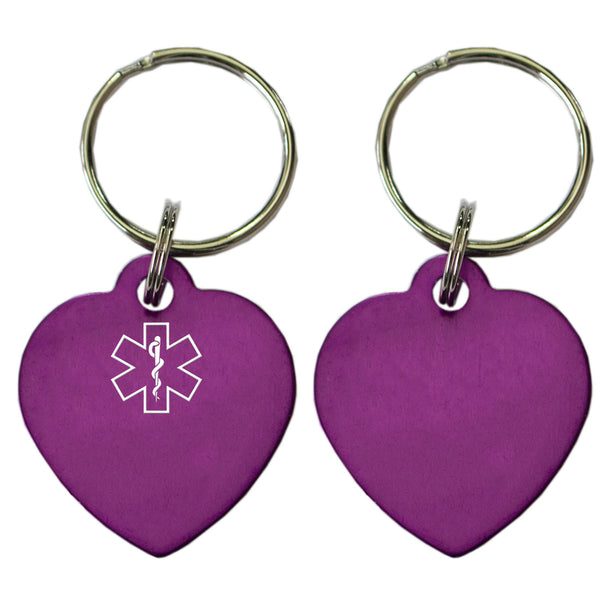 Two Purple Heart Shaped Key Chains With Medical Alert Symbol