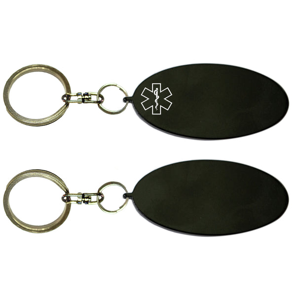 Two Black Oval Shaped Key Chains With Medical Alert Symbol 
