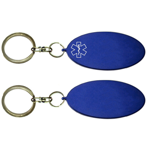 Two Blue Oval Shaped Key Chains With Medical Alert Symbol 