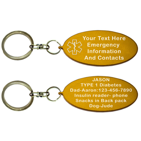 Gold Oval Shaped Custom Text Key Chains With Medical Alert Symbol 