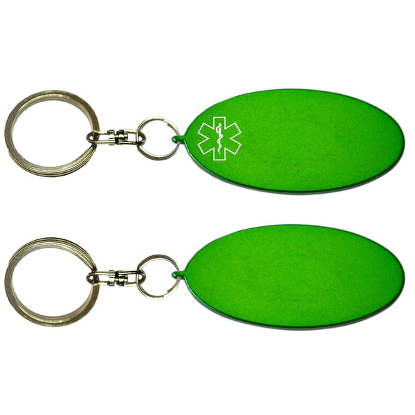 Two Green Oval Shaped Key Chains With Medical Alert Symbol 