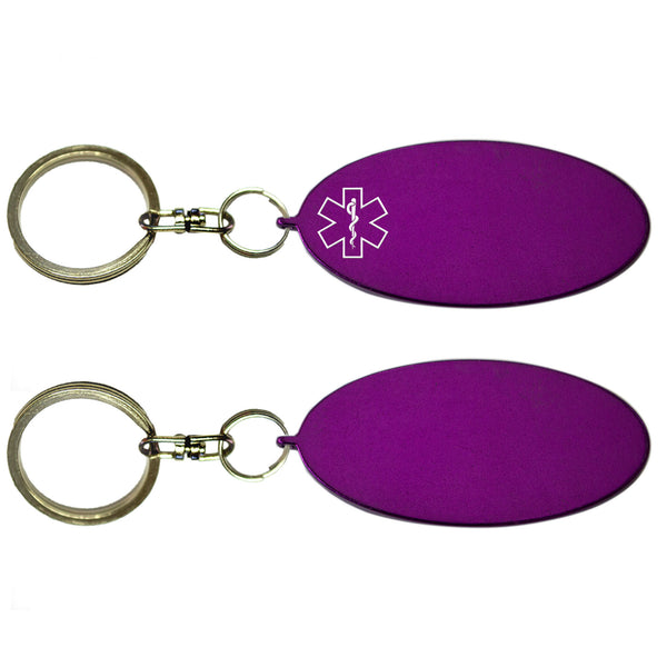 Two Purple Oval Shaped Key Chains With Medical Alert Symbol 