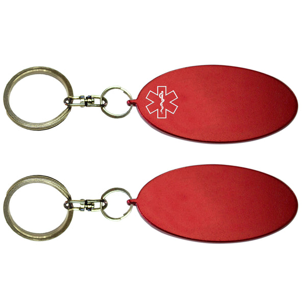 Two Red Oval Shaped Key Chains With Medical Alert Symbol 
