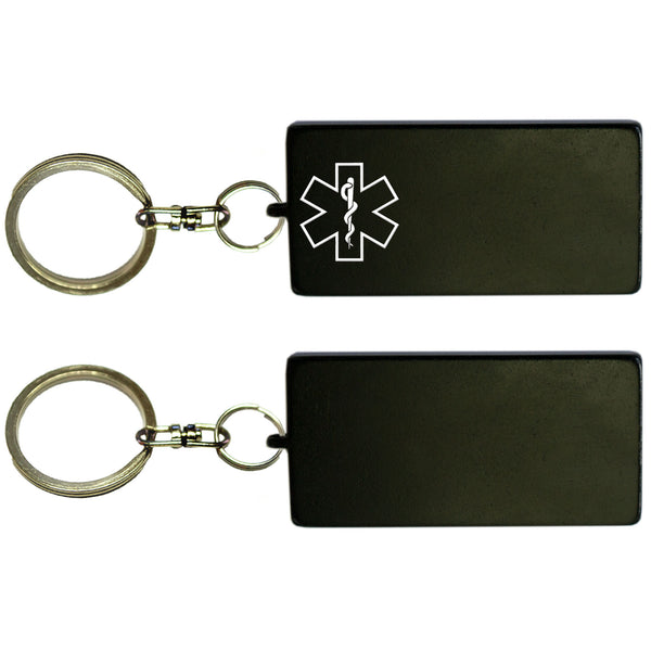 Two Black Rectangle Shaped Key Chains With Medical Alert Symbol