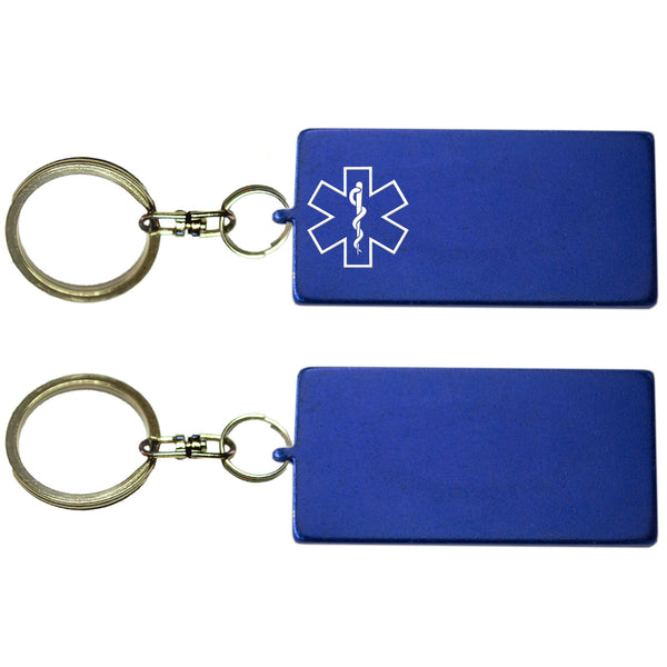 Two Blue Rectangle Shaped Key Chains With Medical Alert Symbol