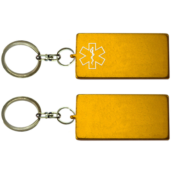 Two Gold Rectangle Shaped Key Chains With Medical Alert Symbol