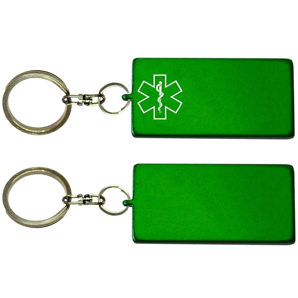Two Green Rectangle Shaped Key Chains With Medical Alert Symbol