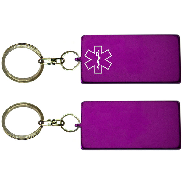 Two Purple Rectangle Shaped Key Chains With Medical Alert Symbol