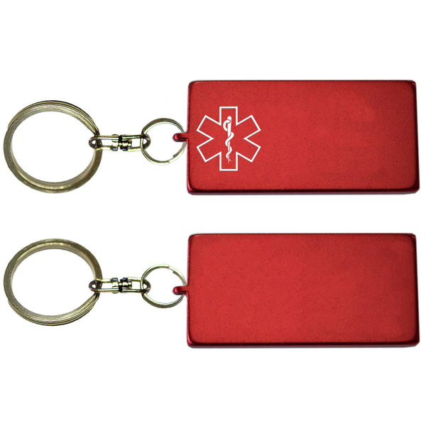 Two Red Rectangle Shaped Key Chains With Medical Alert Symbol