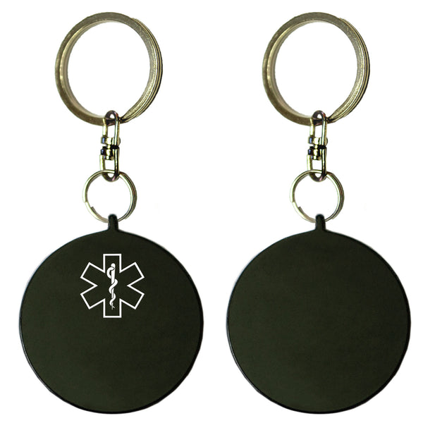 Two Black Round Shaped Key Chains With Medical Alert Symbol