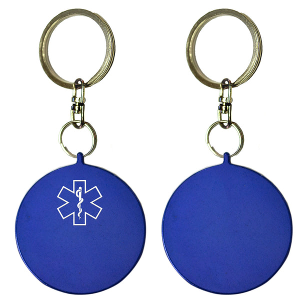 Two Blue Round Shaped Key Chains With Medical Alert Symbol