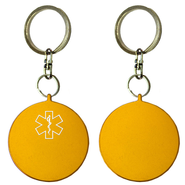 Two Gold Round Shaped Key Chains With Medical Alert Symbol