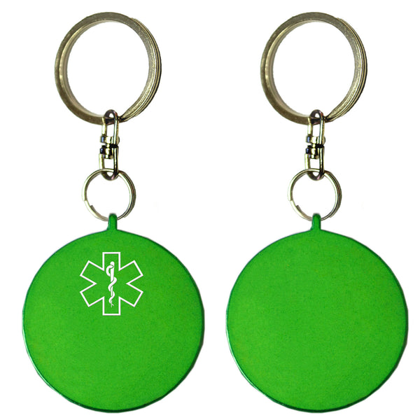 Two Green Round Shaped Key Chains With Medical Alert Symbol