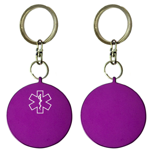 Two Purple Round Shaped Key Chains With Medical Alert Symbol
