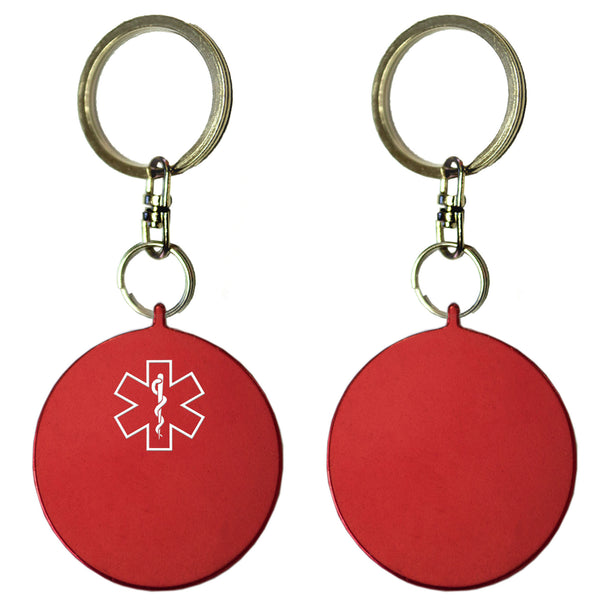 Two Red Round Shaped Key Chains With Medical Alert Symbol