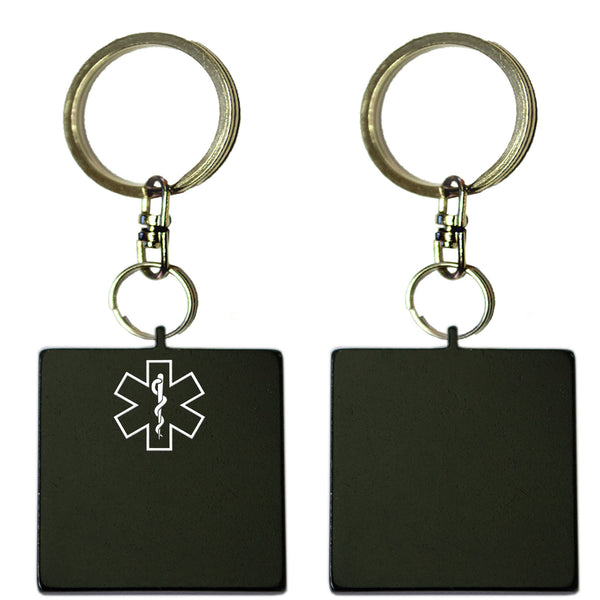 Two Black Square Shaped Key Chains With Medical Alert Symbol 
