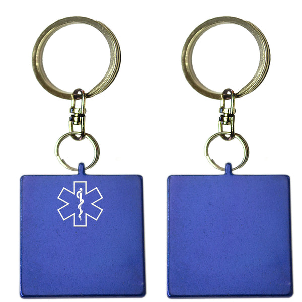 Two Blue Square Shaped Key Chains With Medical Alert Symbol 