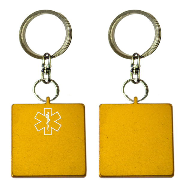Two Gold Square Shaped Key Chains With Medical Alert Symbol 