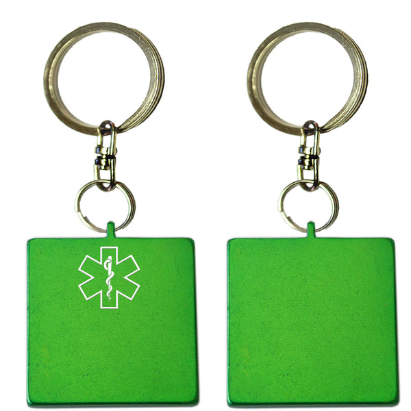 Two Green Square Shaped Key Chains With Medical Alert Symbol 