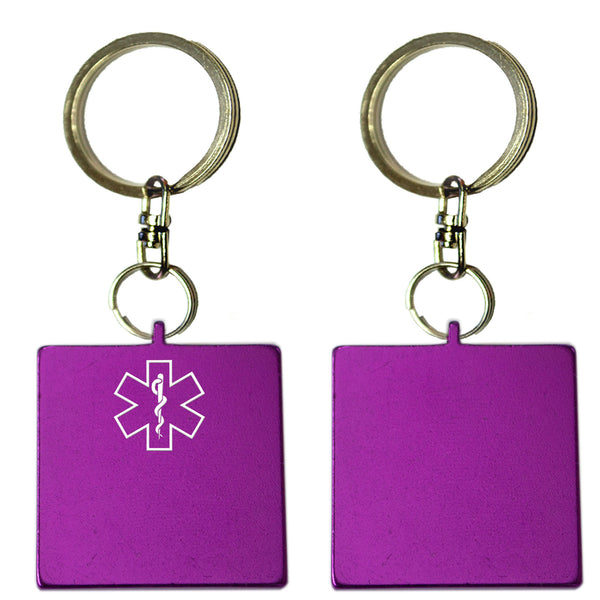 Two Purple Square Shaped Key Chains With Medical Alert Symbol 
