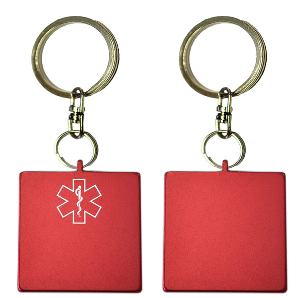 Two Red Square Shaped Key Chains With Medical Alert Symbol 